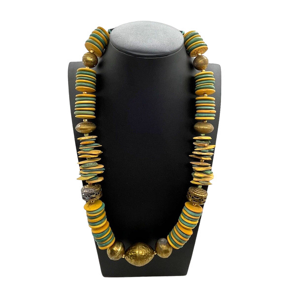 Kukui Nut Bead Necklace Statement Wood Brass Earthy Distressed Brass Vintage - Picture 2 of 16